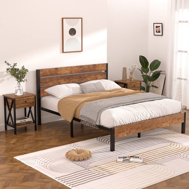 3-Pieces Bed Frame with Wood Headboard and Modern Nightstands Set of 2