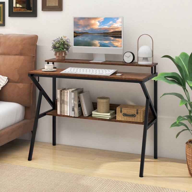 39 Inch Computer Desk with Monitor Shelf and Storage Small Home Office Gaming Table