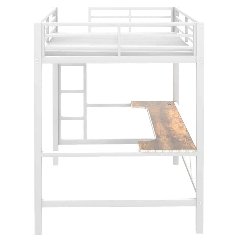 Full Size Metal Gaming Loft Bed with LED Lights, USB Charging Station and Desk