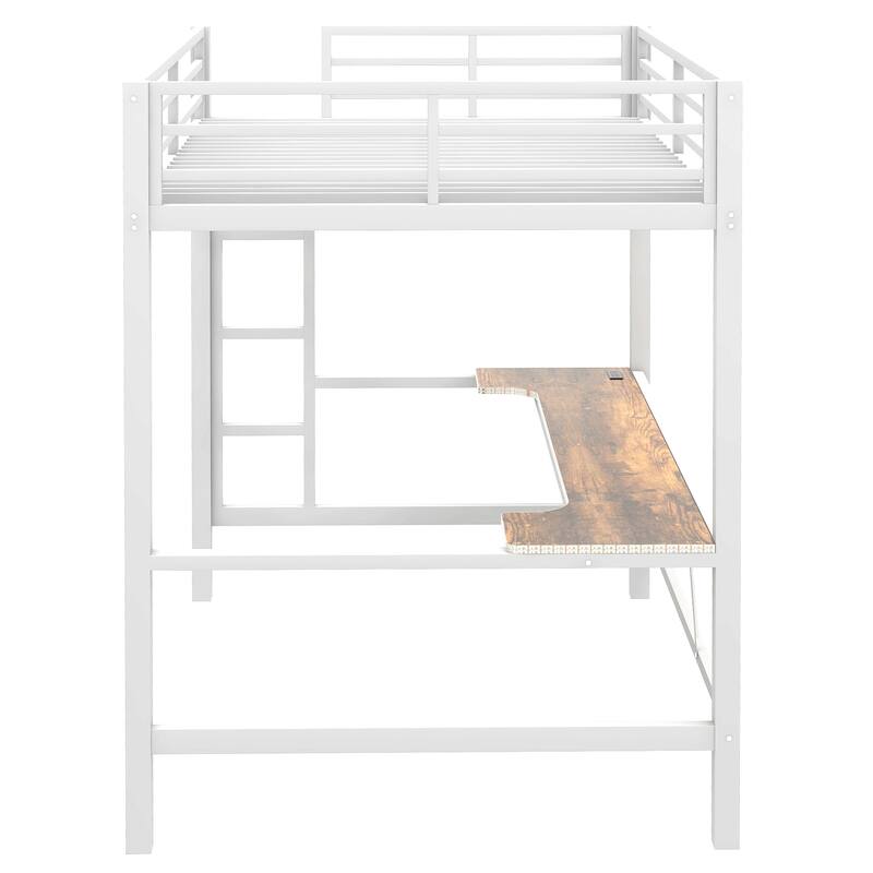 Gaming Loft Bed with RGB LED Light & USB Charge Station, Metal Loft Bed Frame w/Built-in Desk & Full-Length Guardrails