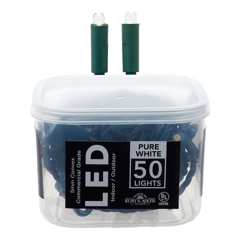 Kurt Adler 25.5-Foot UL 50-Light Convex Pure White 5MM LED Green Wire Light Set
