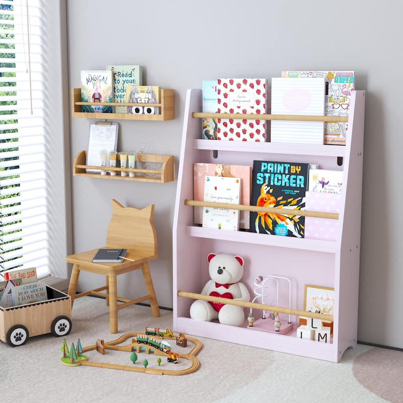 Anmytek 3-Tier Kids Wall Bookshelf with Slanted Front & Guardrails, Pastel Finish Wooden Display for Bedroom