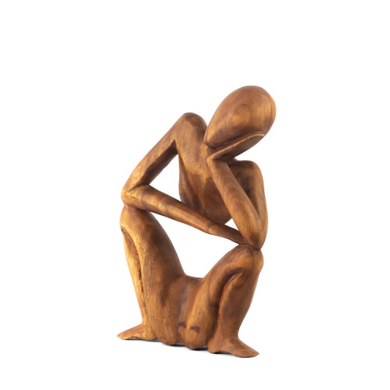 12" Wooden Handmade Abstract Sculpture Statue Handcrafted "Squatting Man Thinking - Gift Art Decorative Home Decor Figurine