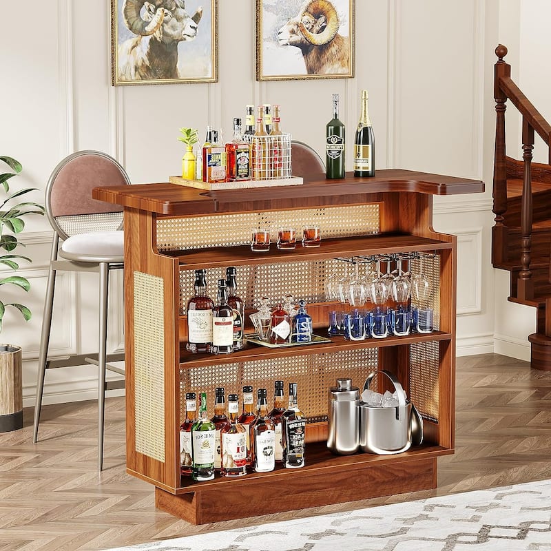 Rattan Liquor Wine Bar Cabinet Mini Bar Table for Home Pub