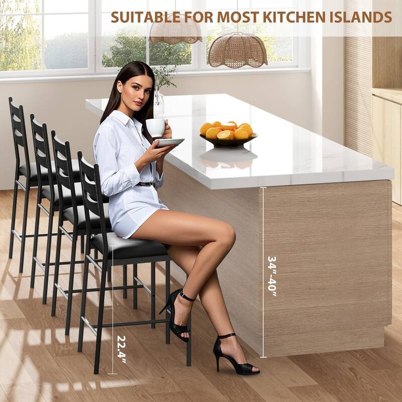 Bar Stools Set of 2 - Thick Cushioned Faux Leather Stools with Islamic Geometric Backrest, Gold Accent Footrest - Black - 2PC