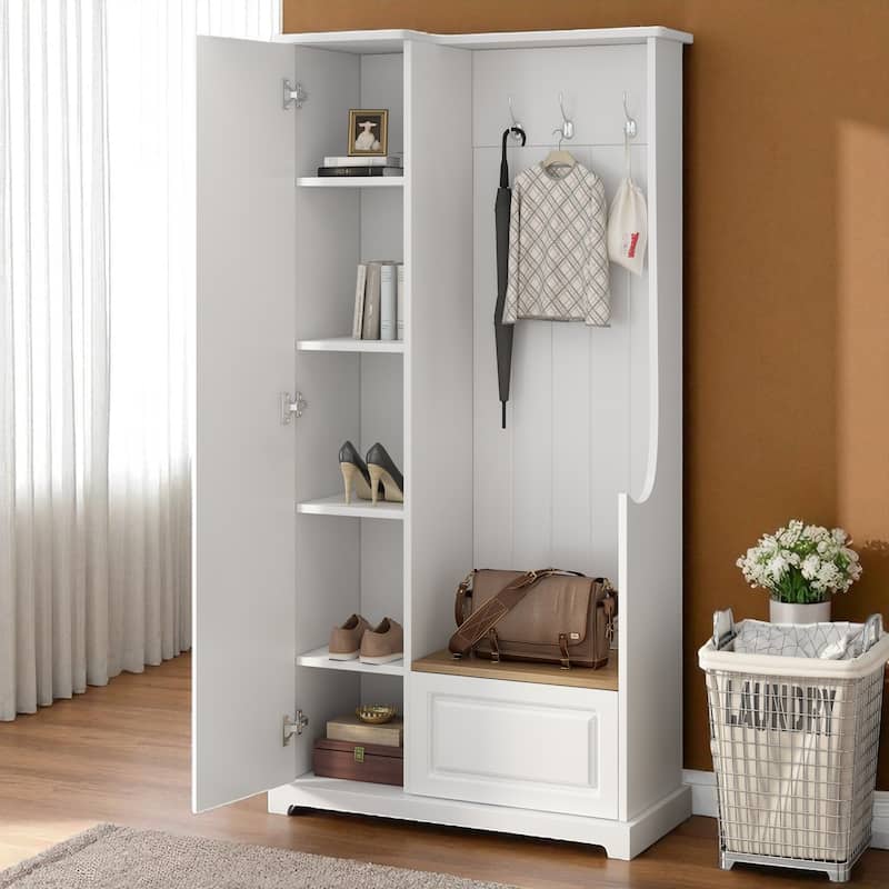 35.6'' Hall Tree with Flip-Up Bench, Adjustable Shelves, Shoe Cabinet & 3 Hooks, Modern Entryway Coat Rack