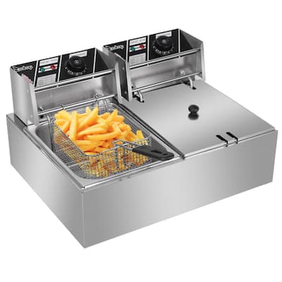 6.3QT/12.7QT Stainless Steel Single/Double Cylinder Electric Fryer Tabletop Restaurant Frying Basket(2500W/5000W)