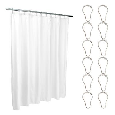 Bath Bliss Microfiber Shower Curtain Liner and 12 Pack Roller Ring Set - White