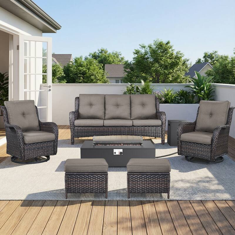 Pocassy Outdoor 7 Pieces Sofa Swivel Chair Ottoman with Fire Table - Brown Wicker Gray Cushion - 7-Piece Sofa Swivel Chair Ottoman with Fire Table