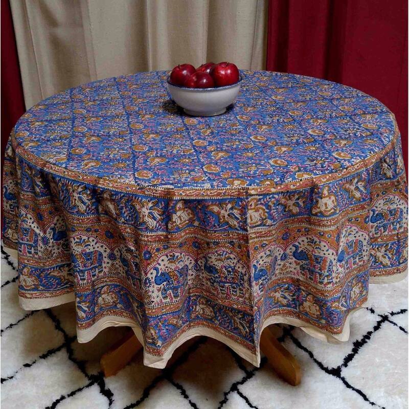 Cotton Hand Block Print Elephant Print Floral Tablecloth Round - Blue