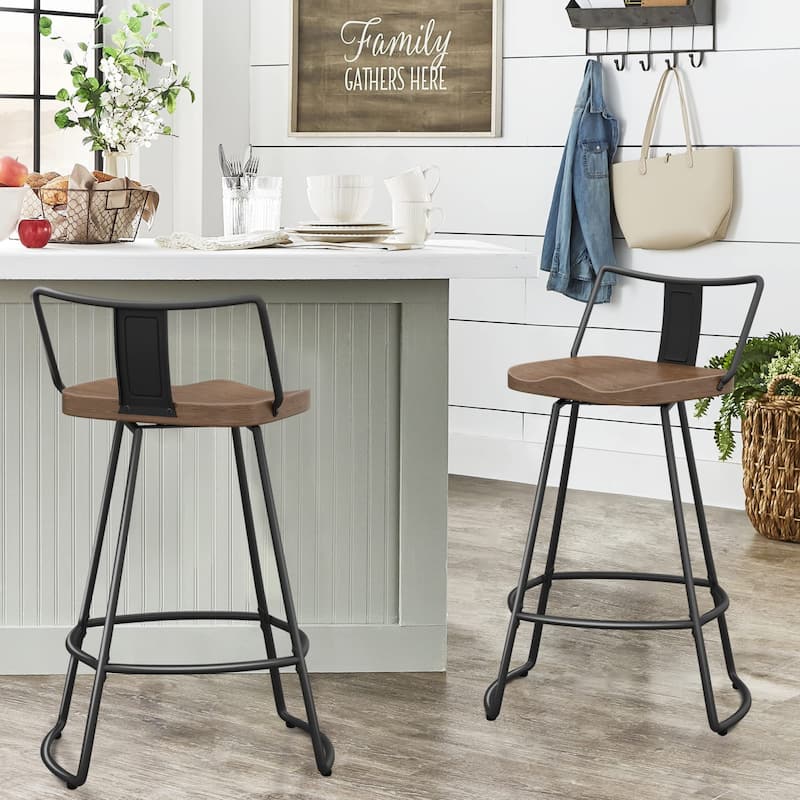 Swivel Bar Stools Set of 2 Metal Counter Height Barstools with Wooden Seat Low Back Industrial Bar Chairs