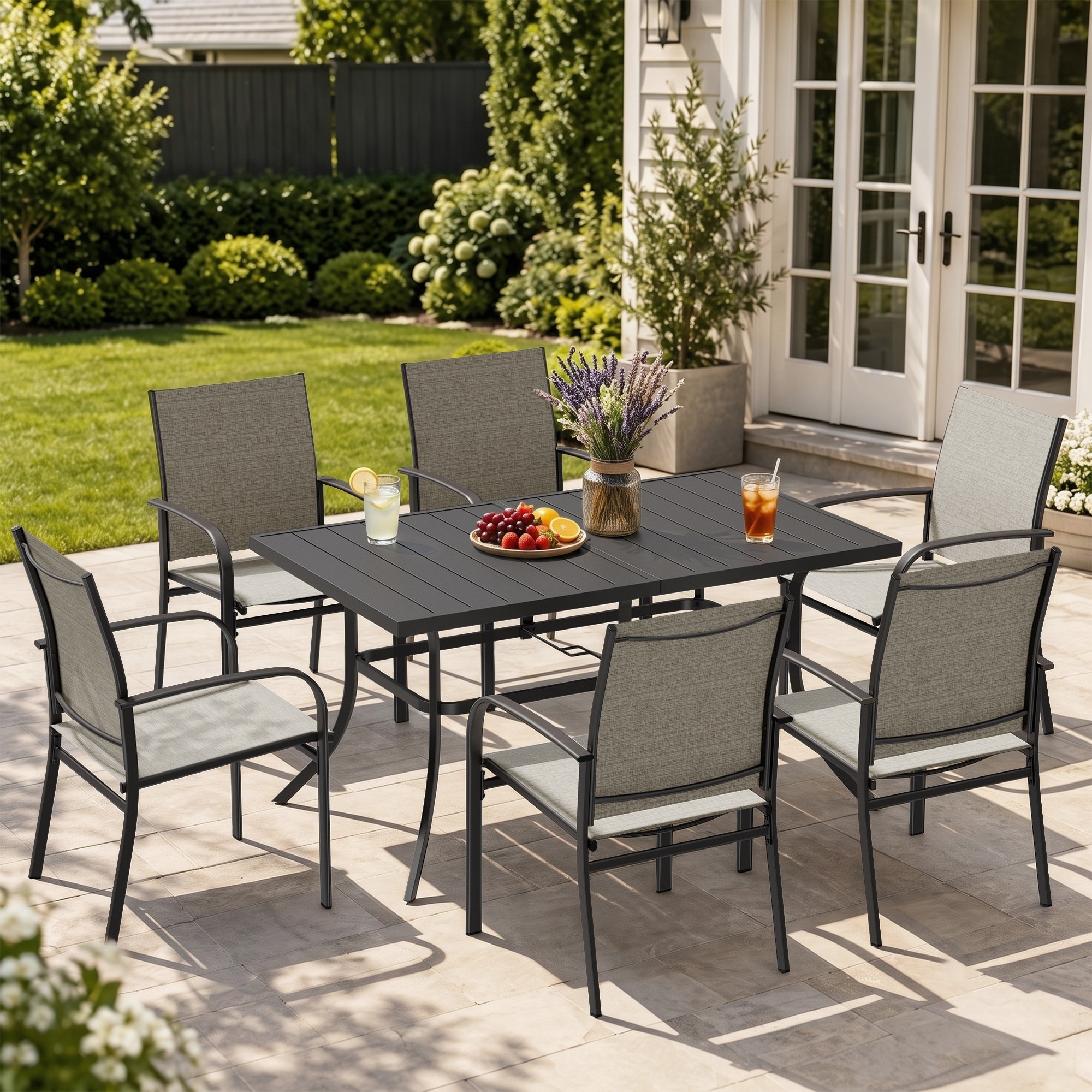 MAISON ARTS 7 Pieces Patio Dining Set Metal Rectangle Table and 6 Textilene Chairs