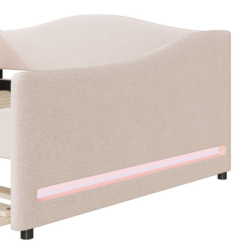Full Upholstered Daybed with Teddy Fleece, LED Lights, and Trundle for Sleepovers