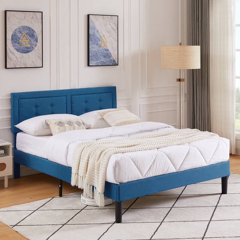 VECELO Bed Frame with Adjustable Headboard Upholstered Button Tufted Platform Bedframe with Wood Slats Support - Blue - Full