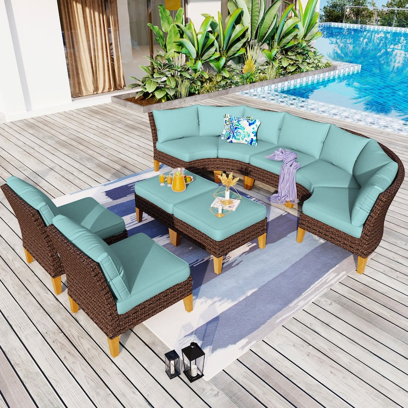 12-Seat Outdoor Wicker Half-Round Furniture Set, Half-Moon Sectional Sofa All Weather Curved Conversation Set - 9-Seat - Type F