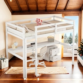 Kid Bed Frame Wood Twin Loft Bed with Under-bed Built-in Desk and Storage Cabinet