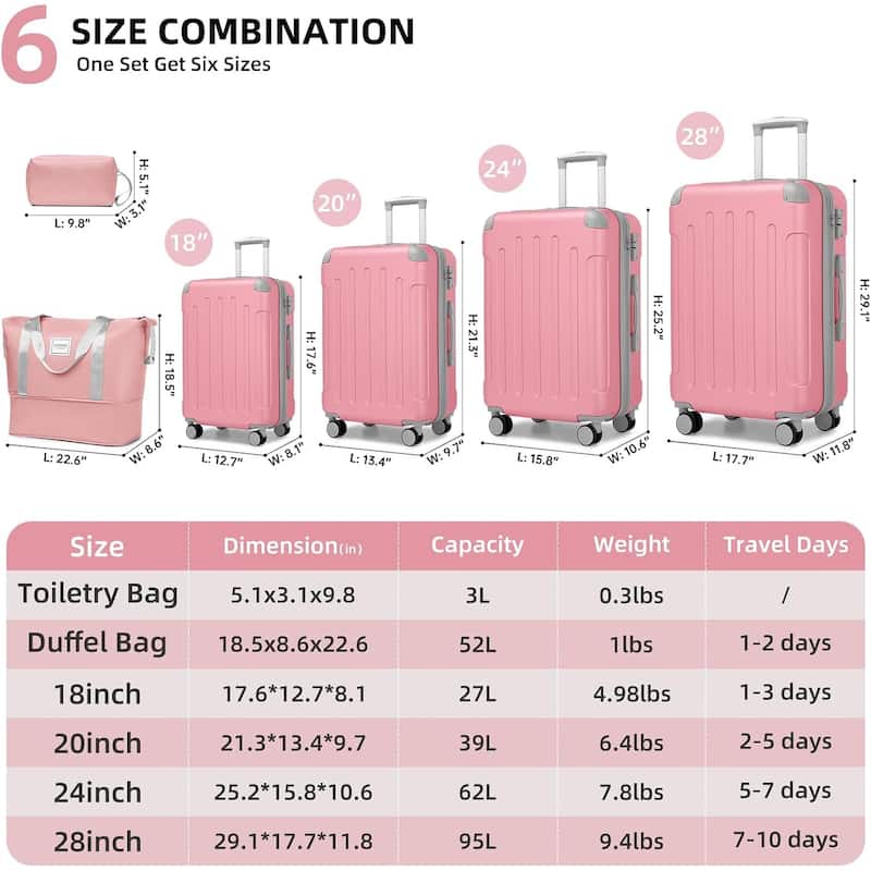 Luggage Sets 6 Piece with Duffel Bags, Hardside Expandable Suitcases with Spinner Wheels TSA Lock