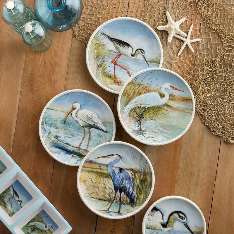Certified International Coastal Birds 6" Canape/Luncheon Plates, Set of 4 Assorted Designs - 6.00"L x 6.00"W x 0.75"H