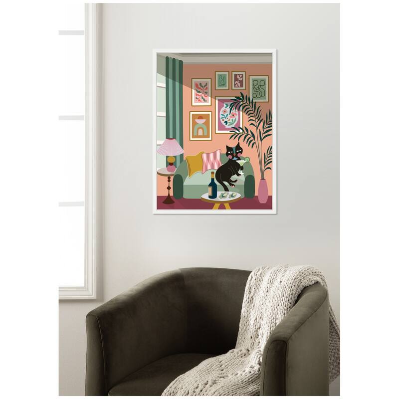 Kate and Laurel Cocktail Cat by Rachel Lee 3 Birdies Studio Framed Canvas Wall Art Print