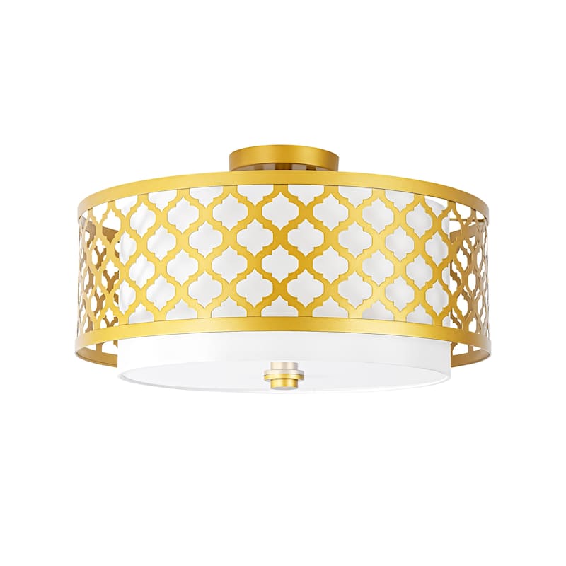 3-light Modern Gold Cylinder Drum Fabric Semi-Flush Mount Light - 17.7 in. W x 9.7 in. H