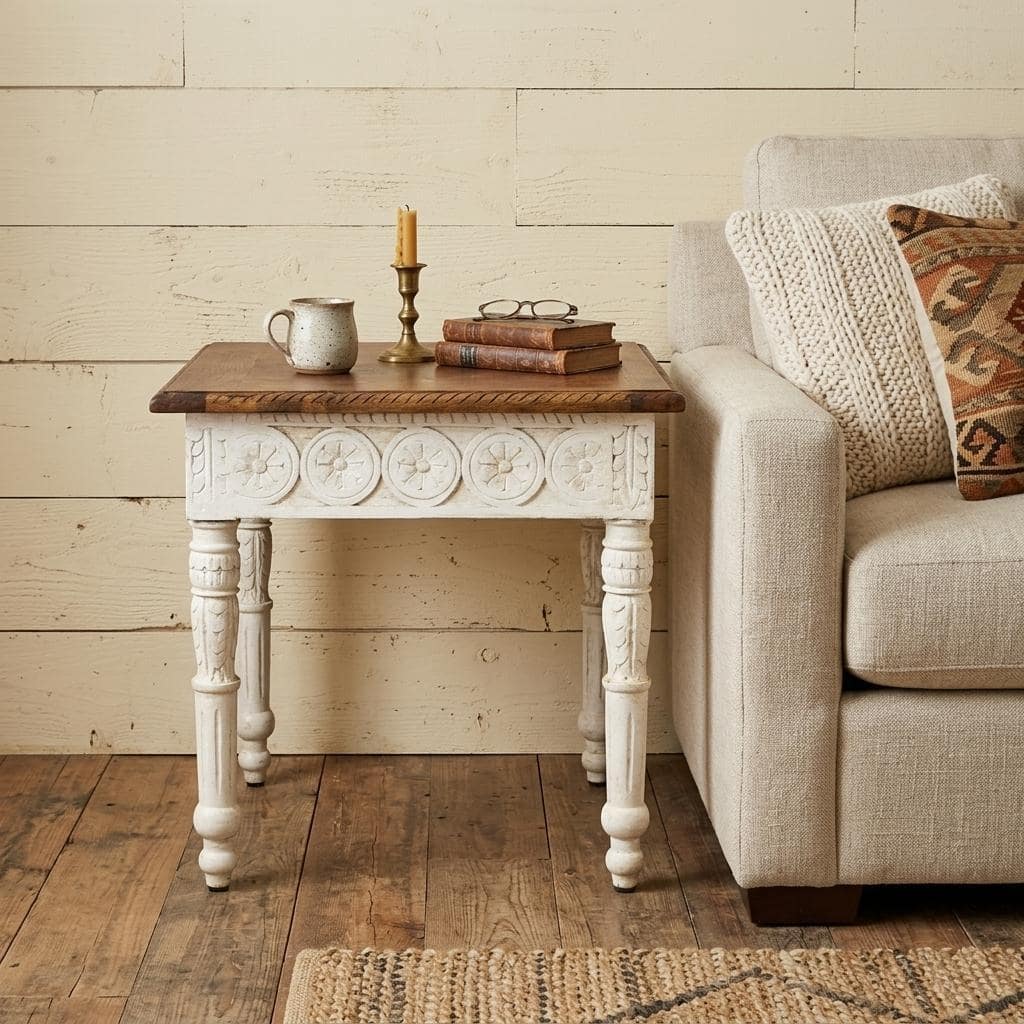 HomeRoots 24" Ivory And Brown Distressed Solid Wood Square End Table - 24.00 in. x 24.00 in. x 24.00 in.