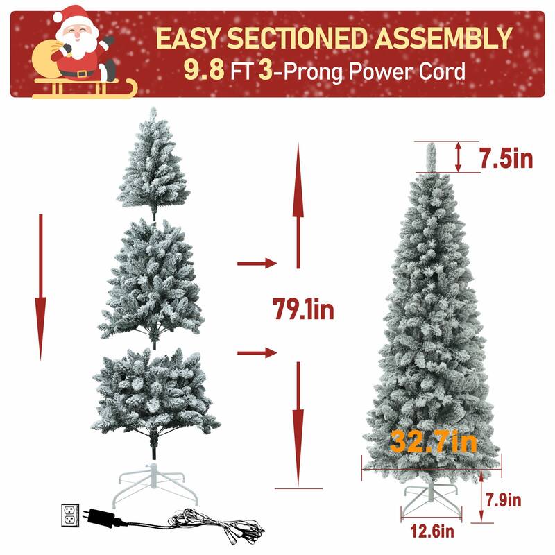 VEIKOUS Pre-Lit Artificial Christmas Tree Pencil Snow with Foldable Iron Stand with LED lights, 5.5/6.5/7.5 ft