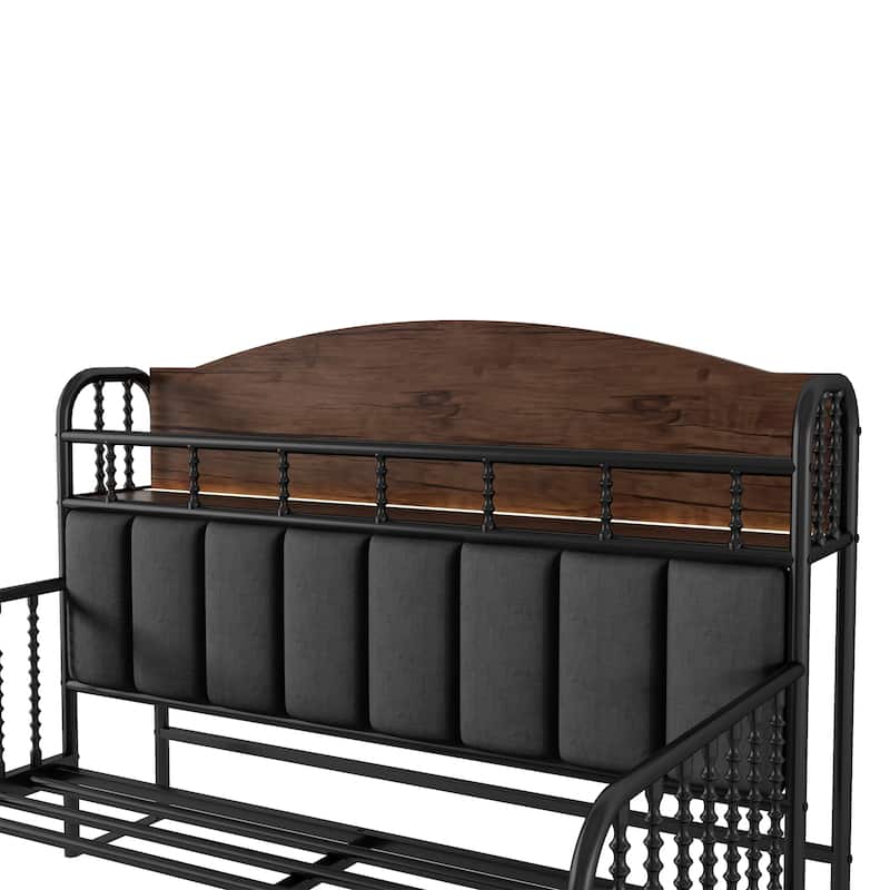 Kids Platform Bed Metal Frame with Linen Fabric Upholstered Storage Headboard Built-in Light Strip, Both Sides Rails