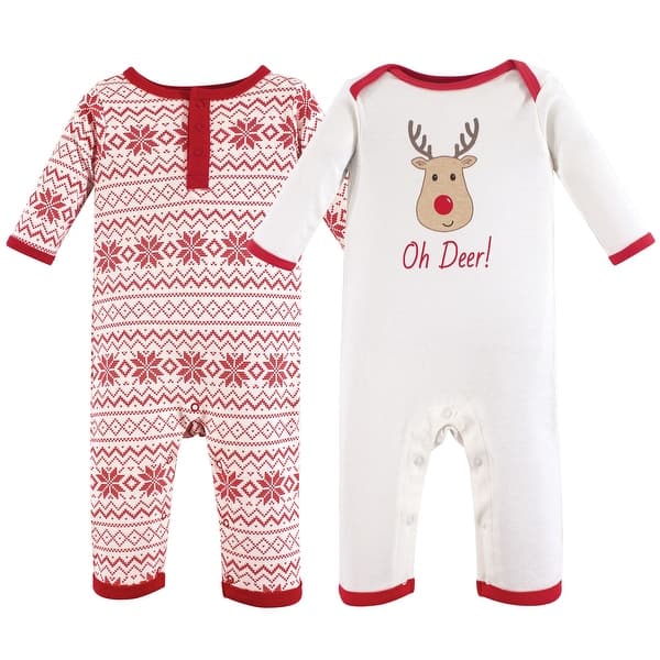 slide 1 of 1, Hudson Baby Infant Cotton Coveralls 2pk, Reindeer 0 - 3 Months - White/Red