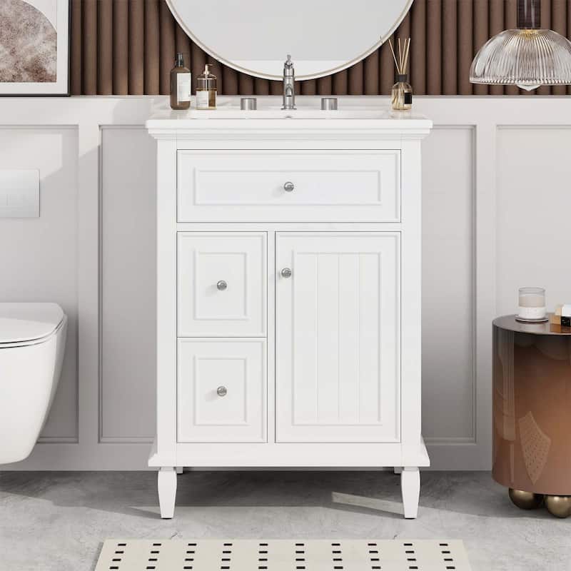 Bathroom Vanity Cabinet with One Flip Drawer and Two Drawers,with Sink - White