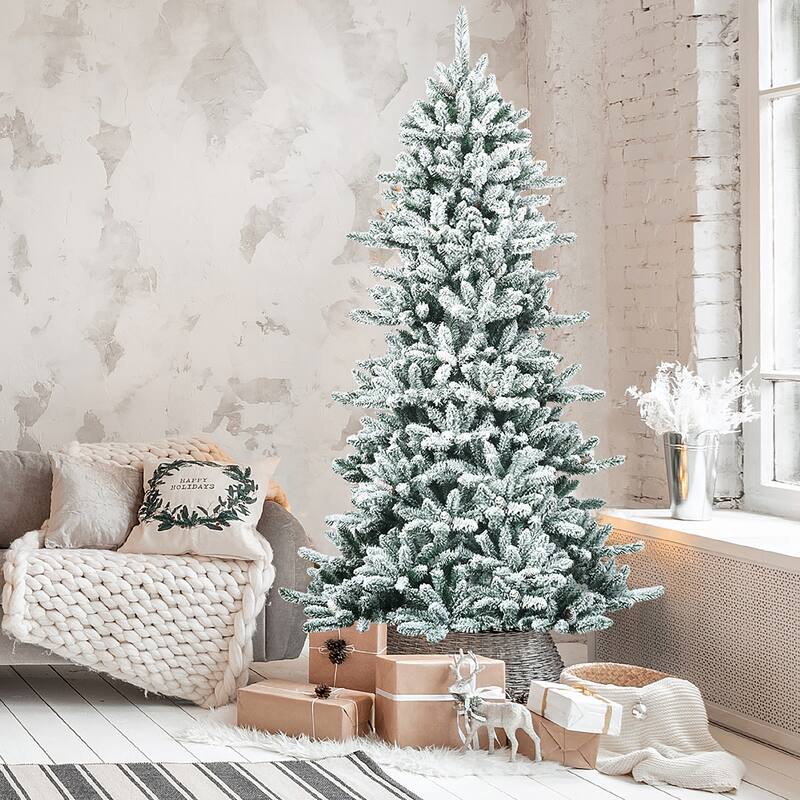 7FT Artificial Snow Flocked Christmas Tree Premium Hinged Fir Tree