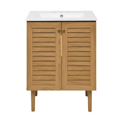 Bron 24 In. Brown Oak Bathroom Vanity With White, 3-Hole Ceramic Sink Top