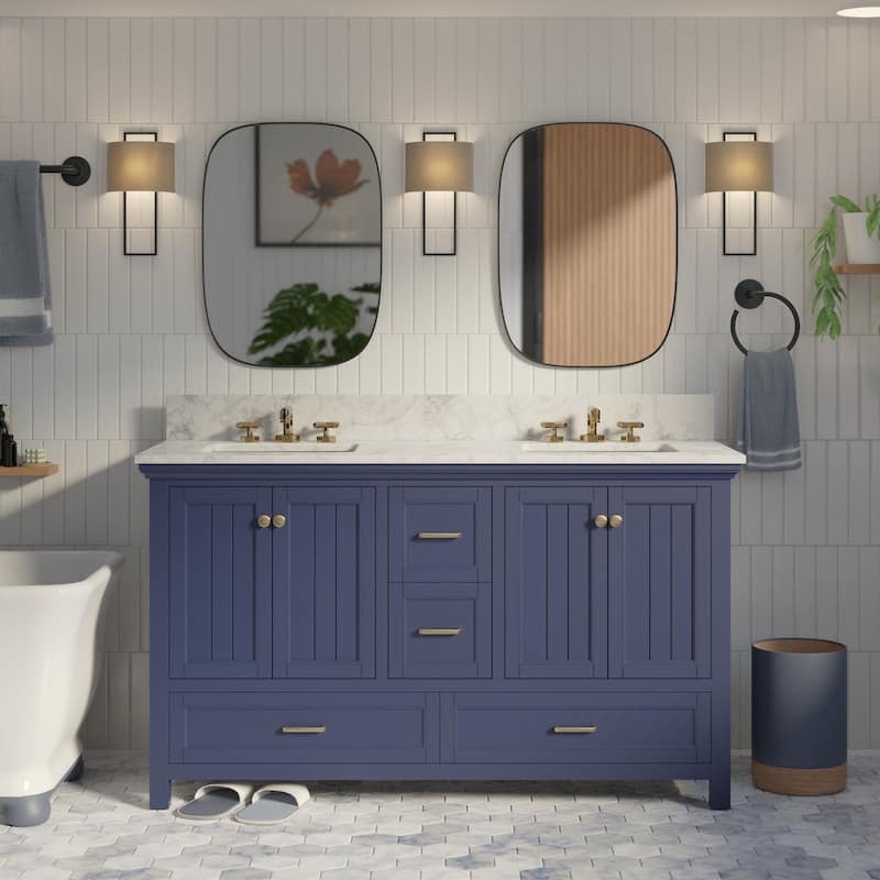 KitchenBathCollection Paige 60" Double Bathroom Vanity with Carrara Marble Top - Royal Blue