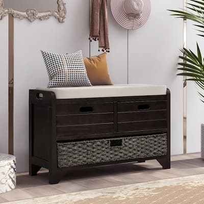 Storage Bench Entryway Bench with Removable Basket and 2 Drawers, with Removable Cushion for Living Room