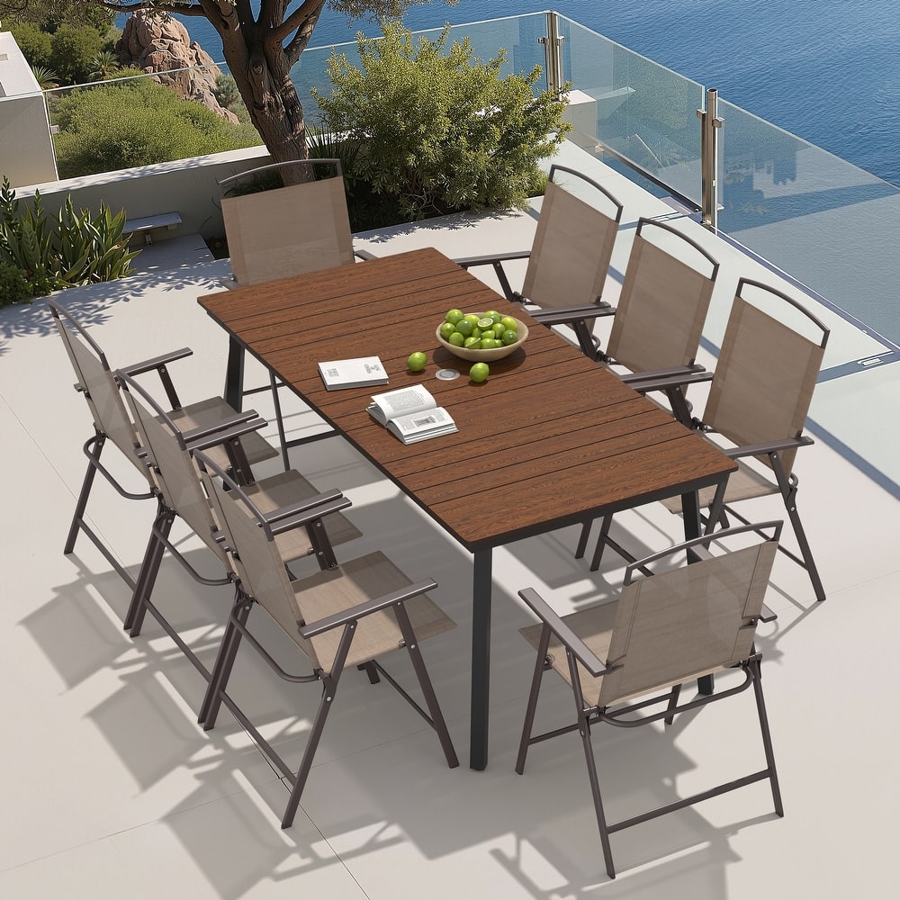 9-Piece Outdoor Dining Set Patio Dining Table with Umbrella Hole and Folding Chairs