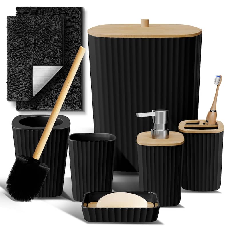 Emperyan Bathroom Accessory Set - Complete Set + Bath Rugs - Black