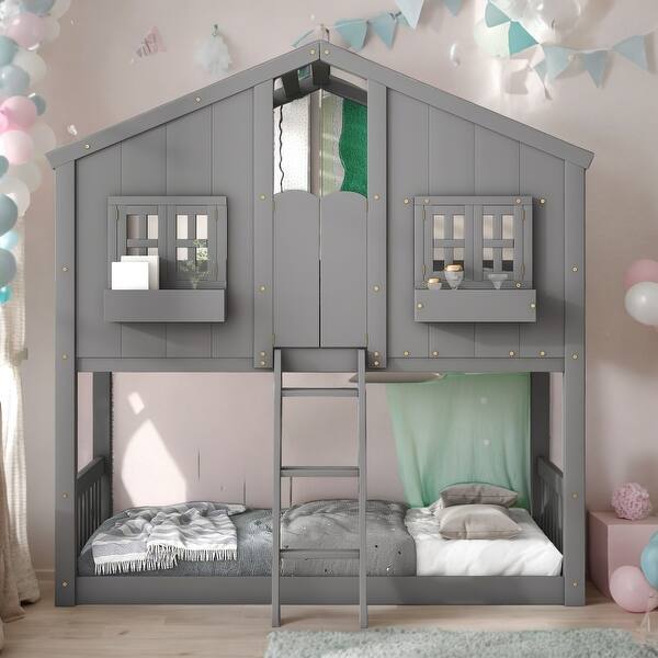 slide 2 of 13, Elegance Unique Design Wood House Roof bunk Bed,Minimalistic Design Kid's Bunk Bed,Gray Gray