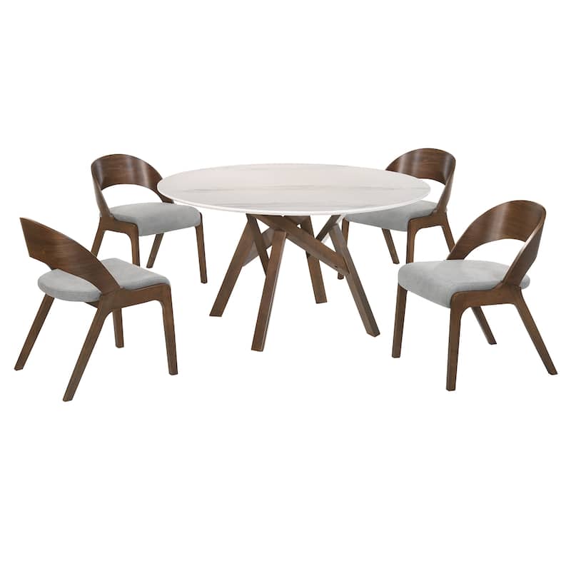 Venus Polly Walnut or Black Wood Round 5 Piece Dining Set with Marble Finish