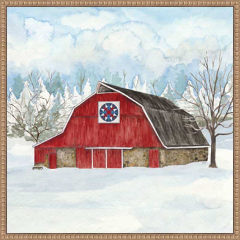 Winter Barn Quilt IV by Tara Reed (22 x 22 in.), Framed Canvas Wall Art Print - Sylvie Beaded Rustic Natural