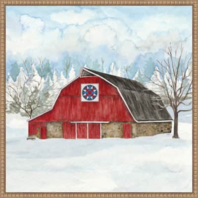 Winter Barn Quilt IV by Tara Reed (22 x 22 in.), Framed Canvas Wall Art Print - Sylvie Beaded Rustic Natural