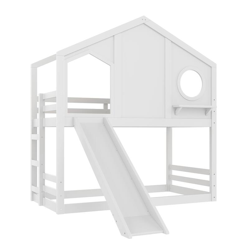 Twin House Bunk Bed with Slide & Storage Shelves - Solid Wood, Childlike Design, Window