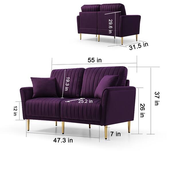 dimension image slide 3 of 5, 2 Piece Living Room Sofa Set, Velvet Upholstered, Solid Manufactured Frame, Reversible Cushions, Metal Feet, Flared Armrests