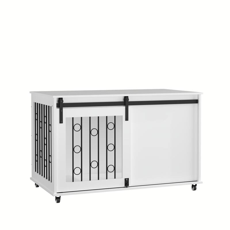 39.37" Wooden Dog Crate Furniture with Sliding Barn Door and Side Door, Indoor Dog Kennel End Table for Small to Medium Dogs
