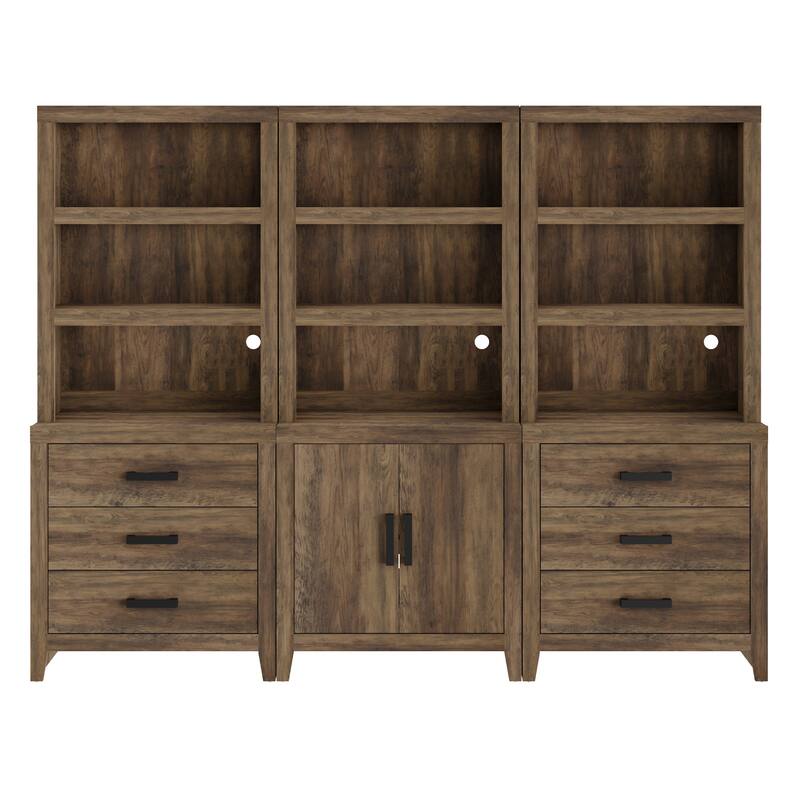 WAMPAT 74" 3-Piece Bookcase, Farmhouse Storage with Doors & Drawers