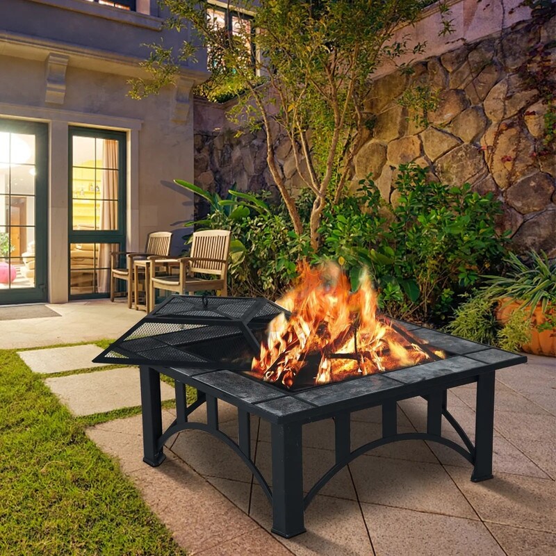 Grand Patio 32 inch Outdoor Fire Pit,Bonfire Wood Burning Fire Pit for  Outside,Square Backyard Patio Firepit Table with Spark Screen Cover Safe  Mesh