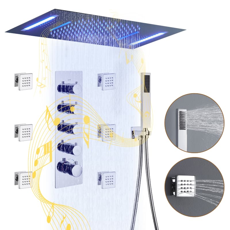 Luxury 4-Spray Patterns 23 in. Ceiling Mount Shower System with Handheld Shower Head, 6 Body Jets, LED, and Music - 15" x 23" - Chrome
