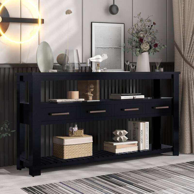 Modern Console Table with 4 Drawers and 2 Shelves - Black