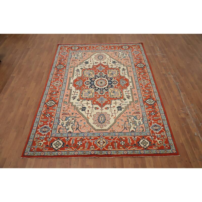 Hand Knotted Oriental 100% Wool Carpet Traditional Medallion Oranges & Rust Heriz (serapi) Area Rug - 8' 9'' X 6' 1''