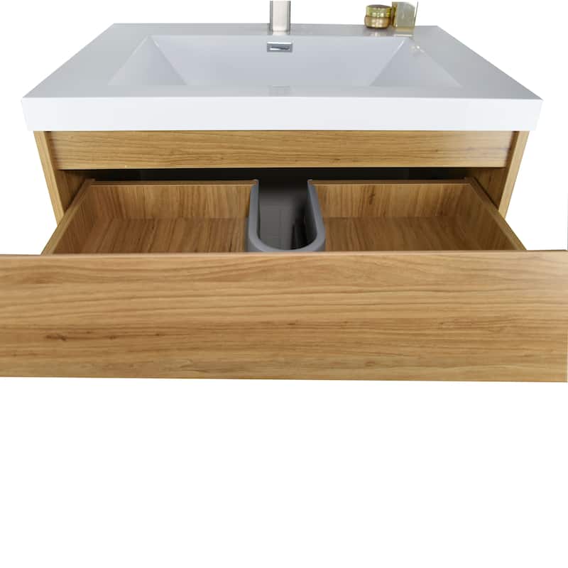 Angeles 30 natural oak finish freestanding bath vanity with single basin reinforced acrylic top