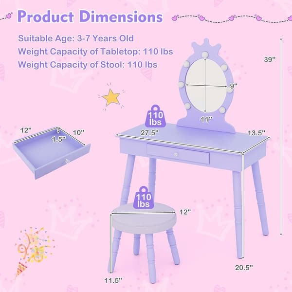 dimension image slide 0 of 3, Costway Kids Vanity Set Princess Vanity Table & Chair Set with Lighted - See Details