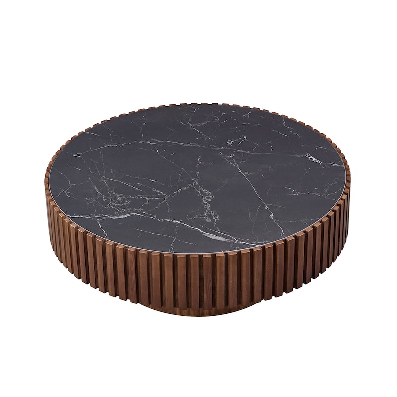 Luxury Round Coffee Table with Faux Marble Top, 35.43" Modern Low Drum Shape Cocktail Table for Living Room, Reception Room